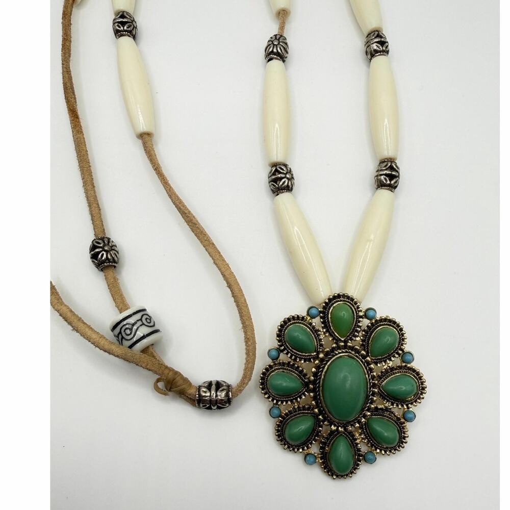 Western Turquoise Statement Pendant Necklace Adjustable Ivory Beads - Picture 2 of 7